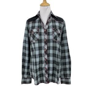 Cowgirl Legend Shirt Women L Large Gray Pink Lace Panel Plaid Pearl Snap Western
